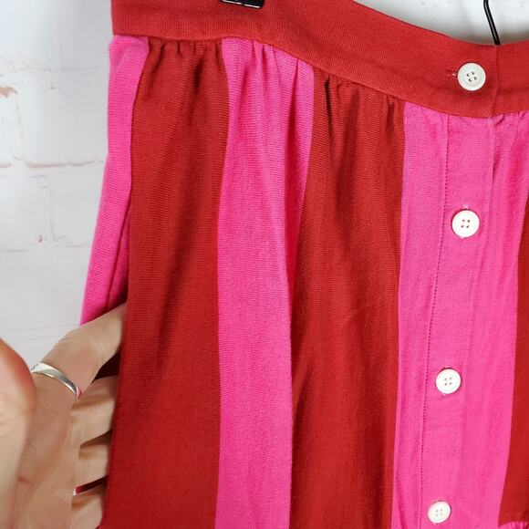 MDS Stripes Knit Tiered Button Front Maxi Skirt Size 2/M Pink Red Cotton Pockets - Picture 8 of 14